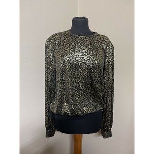 Vintage Judy Bond Blouse Metallic Black & Gold Animal Print Size M